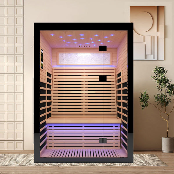 Luxury Double Far Infrared Sauna Room With Epoxy Heating Plates And Starry Sky Lighting - Black / Natural