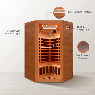 Multifunctional 2-3 Person Infrared Sauna for Home, 2180W Indoor Sauna with 7-Color LED Ambient Light, Red Light Feature, Oxygen Bar, Dual Bluetooth Speakers, 360° Surround Heating