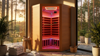 Multifunctional 2-3 Person Infrared Sauna for Home, 2180W Indoor Sauna with 7-Color LED Ambient Light, Red Light Feature, Oxygen Bar, Dual Bluetooth Speakers, 360° Surround Heating — Lifestyle