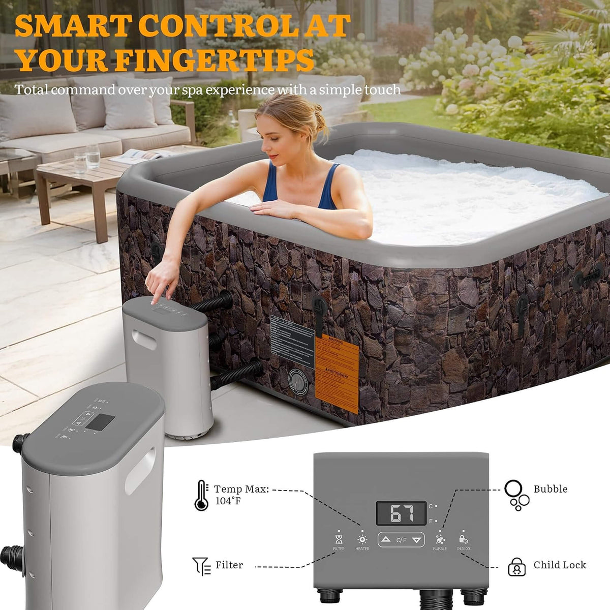 Premium 77-Inch Portable 6-Person Natural Stone Design Inflatable Square Hot Tub W/ 180 Massage Jets (SAK86251)